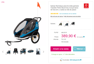Remolque para bicicleta gemelar Traveller por 389,90€