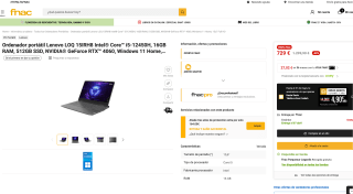Lenovo LOQ 15IRH8 i5-12450H 16GB RAM 512GB SSD RTX 4060 Windows 11 Home 15,6'' Full HD por solo 729€