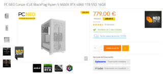 PC NEO Corsair iCUE BlackFlag Ryzen 5 5600X RTX 4060 1TB SSD 16GB por 799€