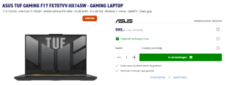 ASUS;TUF Gaming F17 FX707VV-HX145W - 17,3 inch - Intel®Core™ i7 - 16 GB - 512 GB voor €999 bij Azerty