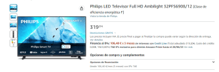 Televisor 32 pulgadas Philips LED Ambilight 32PFS6908/12 por 319,20€