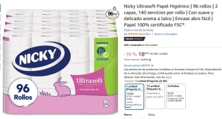 Nicky Ultrasoft Papel Higiénico con 96 rollos de 2 capas por 18,60€