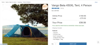 Vango Beta 450XL 4 Person Tent for Only £99.99