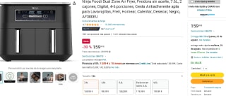 Freidora Ninja Foodi Dual Zone Air Fryer de 7.6L, 2 cajones, Digital, 4-6 porciones por 159,99€