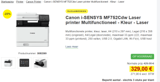 Canon i-SENSYS MF752Cdw all-in-one A4 laserprinter kleur met wifi (3 in 1) voor €329 bij proshop