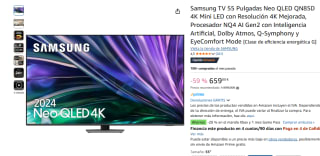 Samsung TV 55 Pulgadas Neo QLED QN85D 4K Mini LED con Resolución 4K Mejorada por 659€