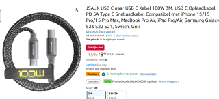 JSAUX USB C naar USB C Kabel 100W 3M voor €4,97 dmv code via Amazon