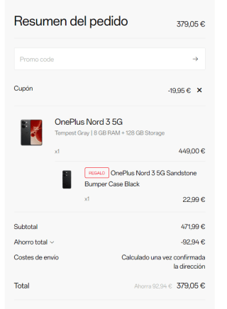 OnePlus Nord 3 de 8GB/128GB + regalo OnePlus Nord 3 5G Sandstone Bumper Case Black por 379€