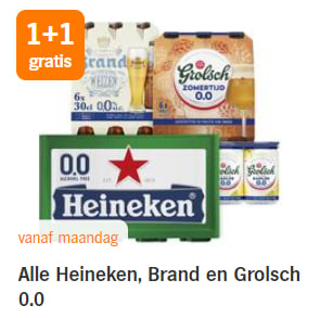 Alle Heineken, Brand en Grolsch 0.0 1+1 gratis bij de AH