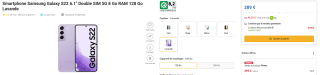 Smartphone Samsung Galaxy S22 6.1" Double SIM 5G 8 Go RAM 128 Go Lavande à 289€