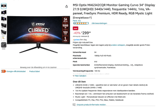 MSI Optix MAG342CQR (34inch) Zwart monitor voor 299 euro