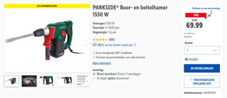 PARKSIDE Boor- en beitelhamer 1550 W met SDS Plus voor €69,99 bij Lidl