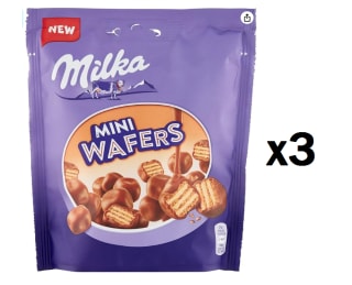 3 Paquetes de Milka Mini Wafers Galletas Barquillo con Relleno Cremoso y Cubierto de Chocolate con Leche de los Alpes 110g por 3.96€