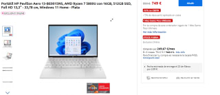 Ordenador Portátil HP Pavilion Aero 13-BE0015NS, AMD Ryzen 7 5800U con 16GB, 512GB SSD, Full HD 13,3" - 33,78 cm, Windows 11 Home - Plata por 640.64€