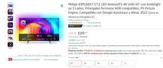 Televisión 43 pulgadas Philips 43PUS8517/12 LED AndroidTV 4K UHD por 339,15€