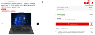 Portátil Gaming Lenovo Legion Pro 5 16IRX8, 16" WQXGA, Intel Core i9-13900HX, 32GB RAM, 1TB SSD por 1.649€ (newsletter1.639€)