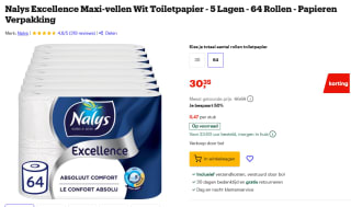 Nalys Excellence Maxi-vellen Wit Toiletpapier - 5 Lagen - 64 Rollen voor €30,35 bij Bol