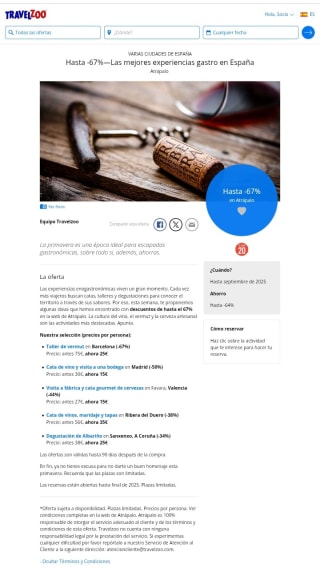 Hasta -67% Experiencias Gastro en España.