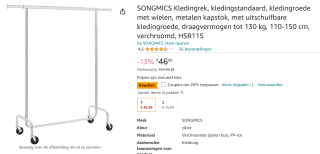 Songmics Kledingrek op Wieltjes voor €37,59 bij Amazon