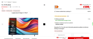 TCL 75T7B smart-tv (2024) voor €599 bij de Mediamarkt