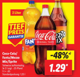 Coca cola, Fanta en/of Sprite 2Liter voor €1,29 bij de Lidl in Duitsland