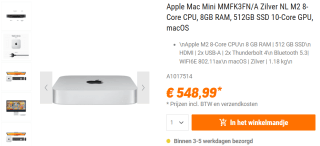 Apple Mac Mini MMFK3FN/A 512 GB voor €548,99 bij NBB