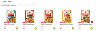 Alle smaken Quaker cruesli 1+1 gratis bij dekamarkt