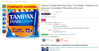 72 x Tampax Compak Pearl Super Plus por 11.32€