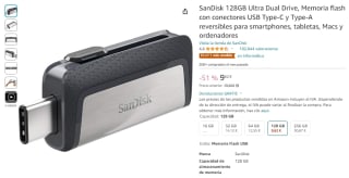 SanDisk 128GB Ultra Dual Drive, Memoria flash con conectores USB Type-C y Type-A por 9,62€