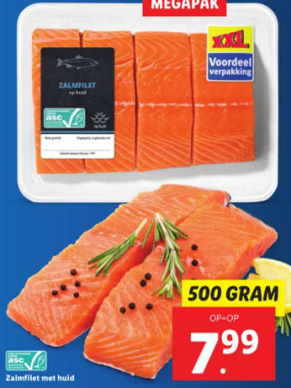 500 gram Zalmfilet met huid voor €7,99 bij de Lidl