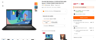 Portátil MSI Modern 15 B7M-457XES AMD Ryzen 5 7430U/16GB/512GB SSD/15.6" por 469€