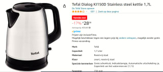 Tefal waterkoker Dialog KI150D - RVS 1,7L voor €28,08 bij Amazon
