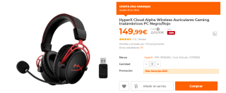 Auriculares Gaming Inalámbricos HyperX Cloud Alpha Wireless por 149.99€