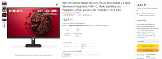 Monitor Philips 27E1N1800A IPS 4K 27" por $4,871 en Amazon