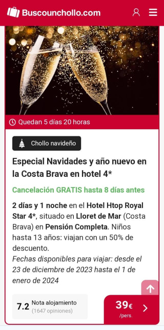 Chollazo Navideño Lloret de Mar Pensión Completa + Menú Navidad o Fin de Año desde 39€ por persona.
