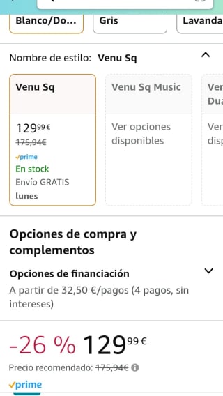 Garmin Venu Sq, Reloj Inteligente con GPS por 129,99€.