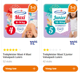 1+1 gratis op Trekpleister luiers Valuepack maat 4 en 5