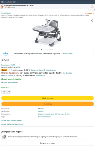 Bebé Alzador Silla para Niños Comer Arnés de 5 Puntos Altura Ajustable Bandeja Extraíble Interior/Exterior por 29,99€