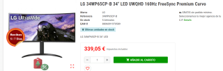 Monitor LG 34WP65CP-B 34" LED UWQHD 160Hz FreeSync Premium Curvo por 339.05€