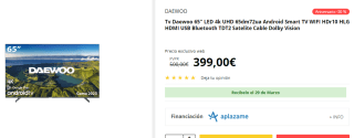 Smart TV Daewoo 65" 4K UHD por 394€