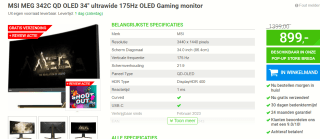 MSI MEG 342C QD OLED 34" ultrawide 175Hz OLED Gaming monitor voor €899 bij Megekko