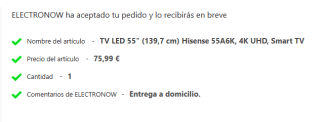 TV LED 55" Hisense 55A6K, 4K UHD, Smart TV por 75,99€