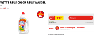 Witte Reus Vloeibaar Wasmiddel Color Reus 100 wasbeurten 4,5 liter voor €11,99 bij Kruidvat