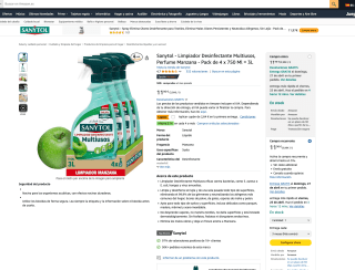 4 botes de Sanytol Limpiador Desinfectante Multiusos 750ml Manzana con buen descuento!!