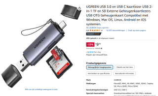 UGREEN USB-C en USB-A kaartlezer - USB 3.0 5Gbps voor €9,99 bij Amazon