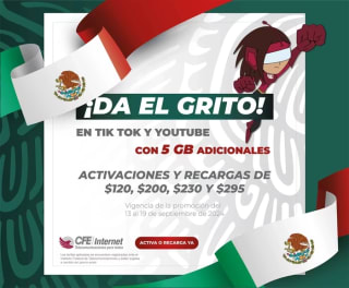 5 GB Extras Gratis al Recargar $120 o mas en CFE TEIT