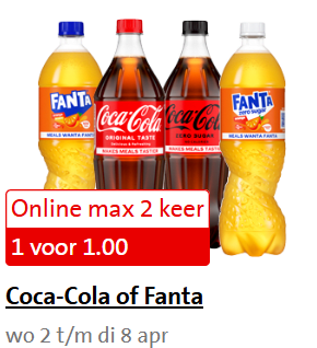 Coca-Cola of Fanta Alle flessen à 1 liter voor €1 bij de Jumbo