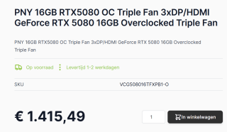 PNY GeForce RTX 5080 Overclocked videokaart voor €1415,49 bij Caps