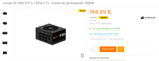 Corsair SF1000 ATX 3.1 (PCIe 5.1) - Fuente de alimentación 1000W por 194,89€