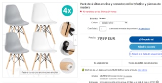 Pack 4 sillas cocina y comedor estilo Nórdico y piernas de madera por 63,99€